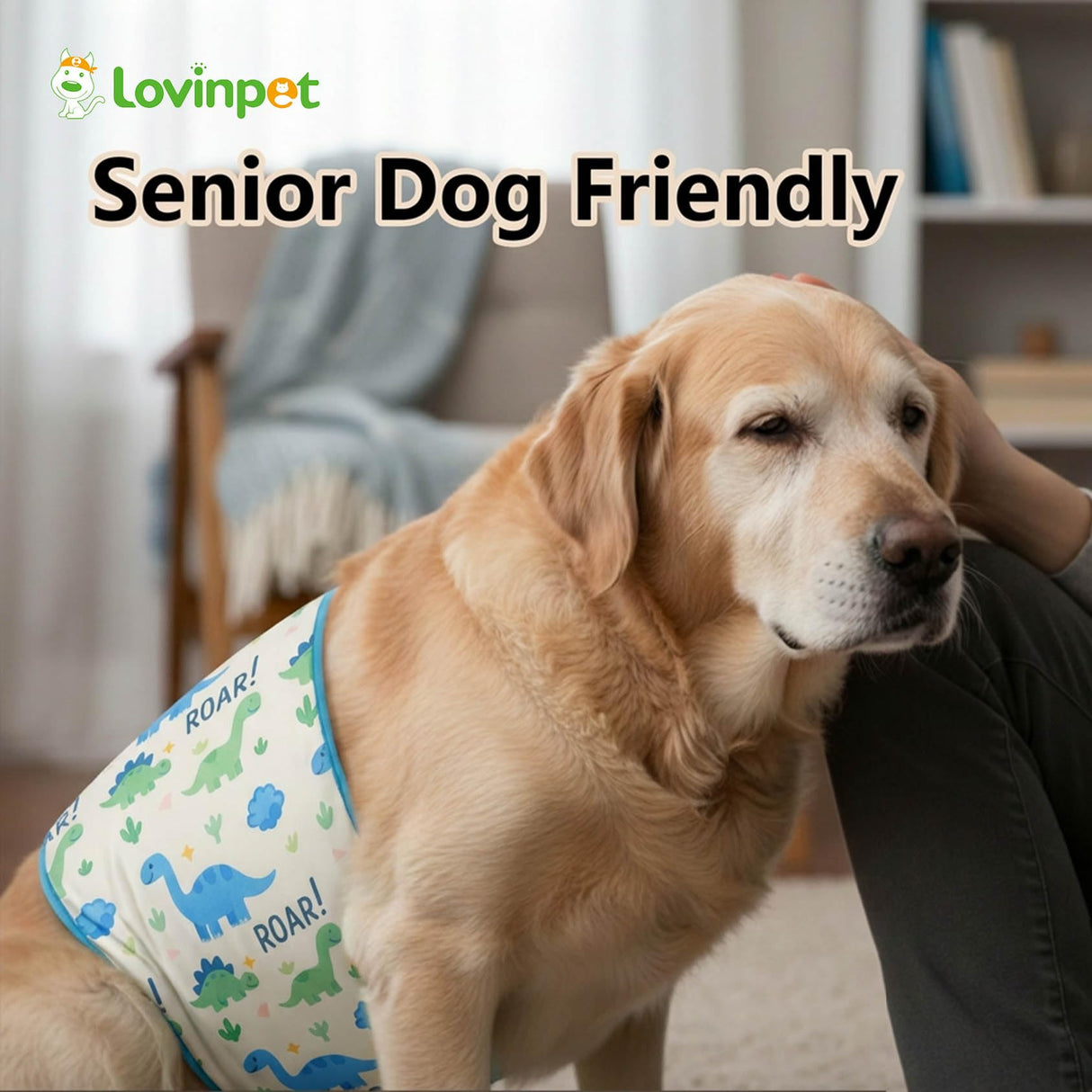 LovinPet 3-Layer Dog Belly Warmer Calming Wrap, Adjustable Abdominal Protector for Medium and Large Dogs, Anti-Chafe Moisture Barrier, Memory-Foam Core + Mesh Lining, Dinosaur Print,White