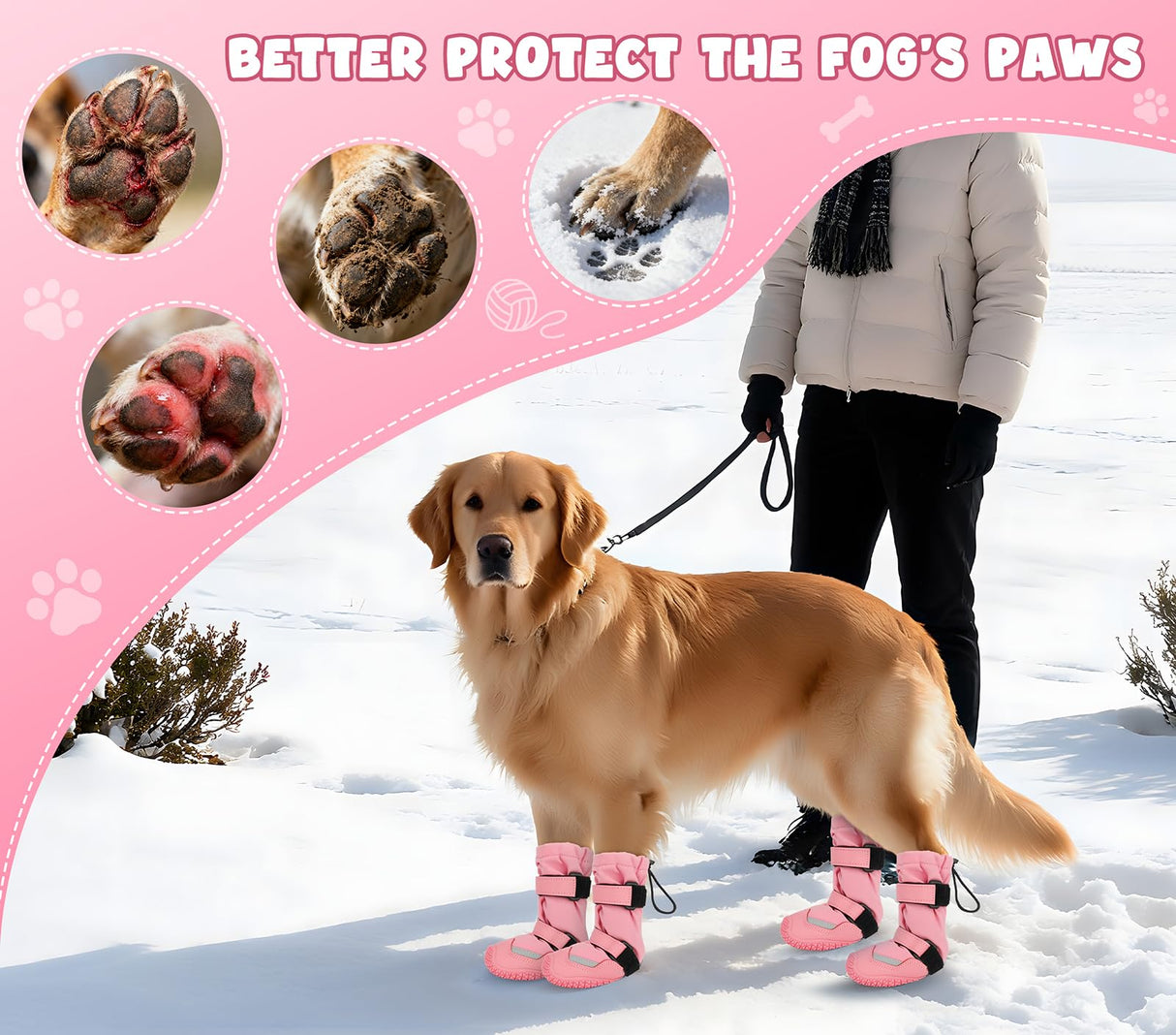Dog Shoes, Waterproof Dog Boots & Paw Protectors, Breathable Dog Booties with Anti Slip Sole for Winter Snowy Day, Rainy Weather Indoor and Outdoor (Size 8, Pink)