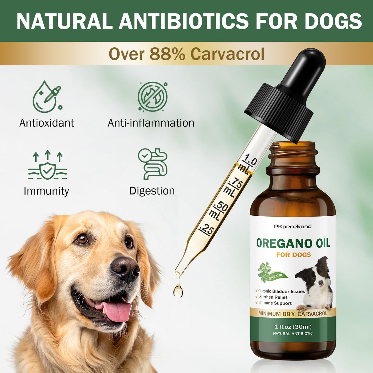 Oregano Oil for Dogs, Over 88% Carvacrol, Strengthen Bladder Function, Dog Diarrhea Relief, Natural Immune Support for Dogs, Promote Overall Health, Wild Mediterranean Oregano Oil Drop for Dog 1 fl.oz