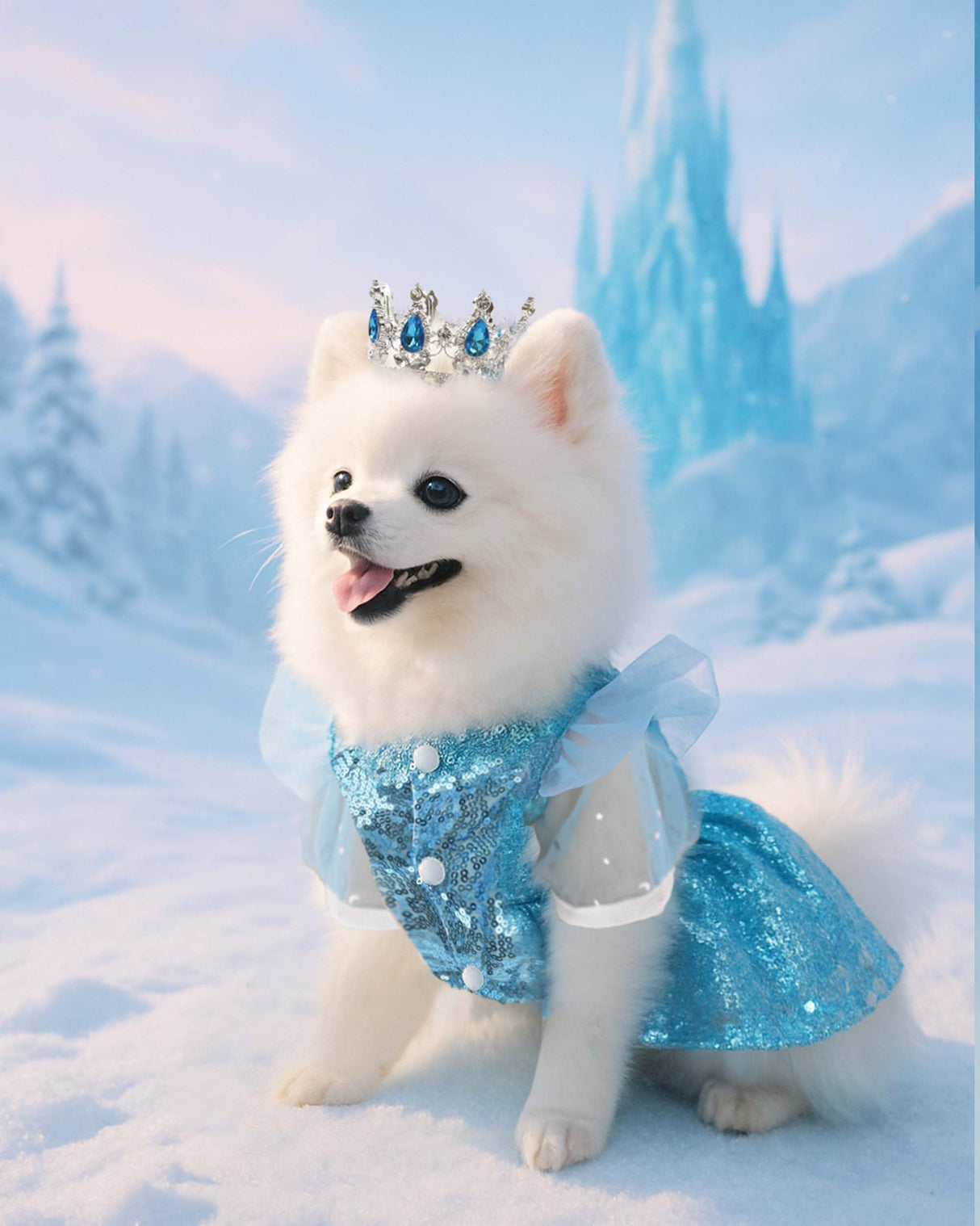 Littledropet Dog Snow Queen Princess Costume with Crown,Luxury Sequin Pet Birthday Party Princess Halloween Dress Up Cosplay Outfits for Small Medium Dogs Girls (Blue, S(Chest 14.5"|3-5Lbs))
