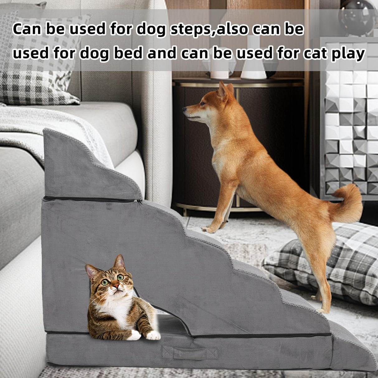 LitaiL 7-Step Dog Stairs for High Beds 30-36" Tall Dog Ramp for Small and Older Pets, Non-Slip Pet Steps, Grey