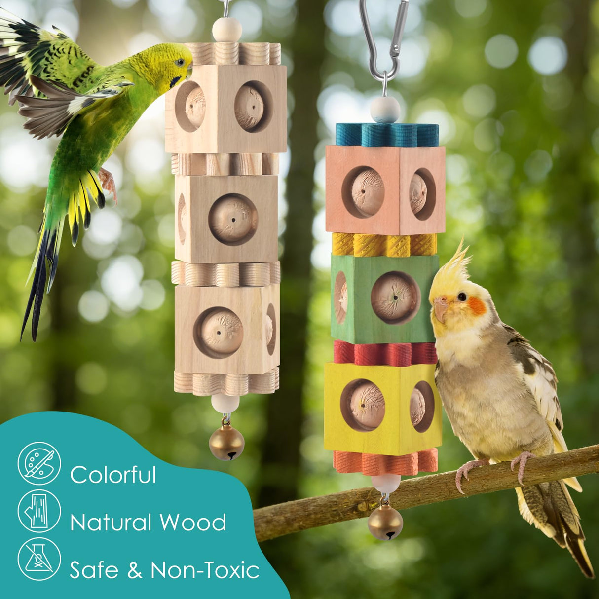 DBNESS 2Pcs Bird Chew Toys for Beak Grinding, Hanging Rotating Wood Block with Bell Parrot Foraging Enrichment Toy for Small to Medium Cocktiel, Conure, Caique