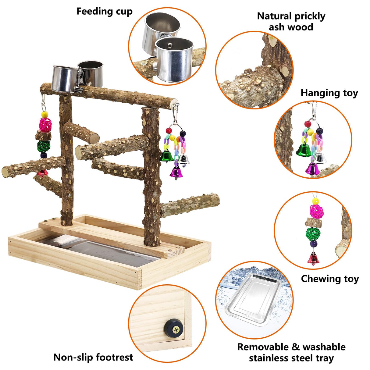 BNOSDM Natural Wood Bird Playground for Training & Playing, Parrot Perch Stand Jungle Gym with Detachable Tray & Stainless Feeder Cups Parakeet Cage Playstand for Budgie, Cockatiel, African Grey