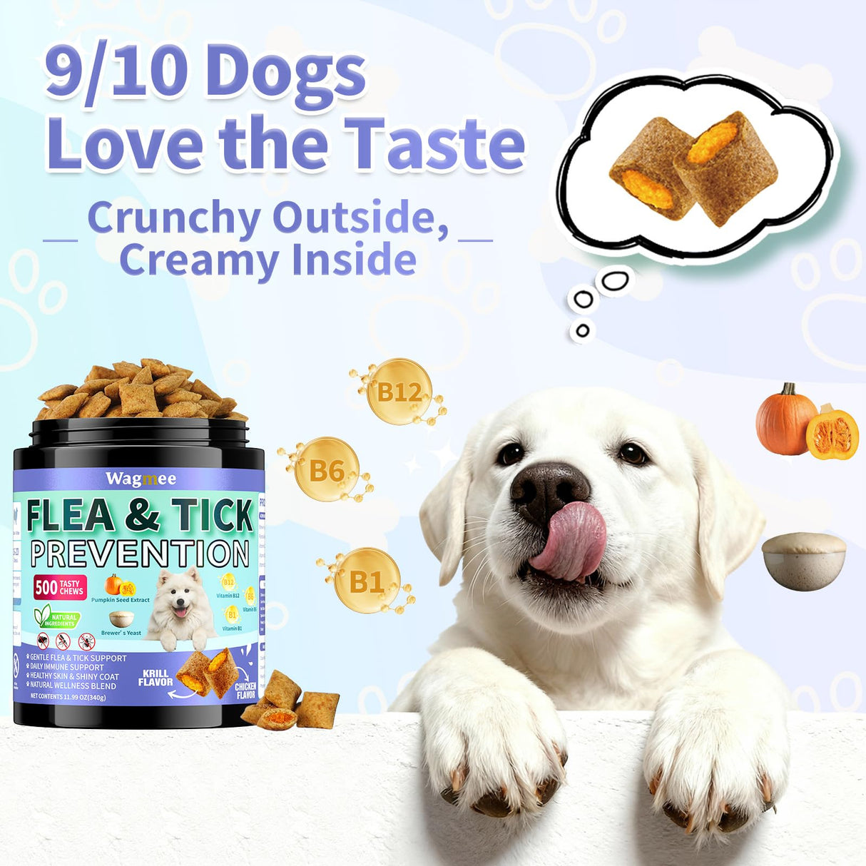 Flea and Tick Prevention for Dogs Chewables – 500 Crunchy & Creamy Tasty Chews, Natural Dog Flea and Tick Treatment Chewable, Oral Flea Chews Supplement for Dogs Puppies, All Breeds & Ages, Chicken