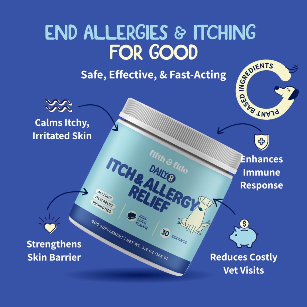 Fifth & Fido Dog Allergy Relief Formula – Natural Daily Food Topper Powder for Dog Itching Skin Relief, Immune & Gut Support with Turkey Tail, Quercetin & Probiotics