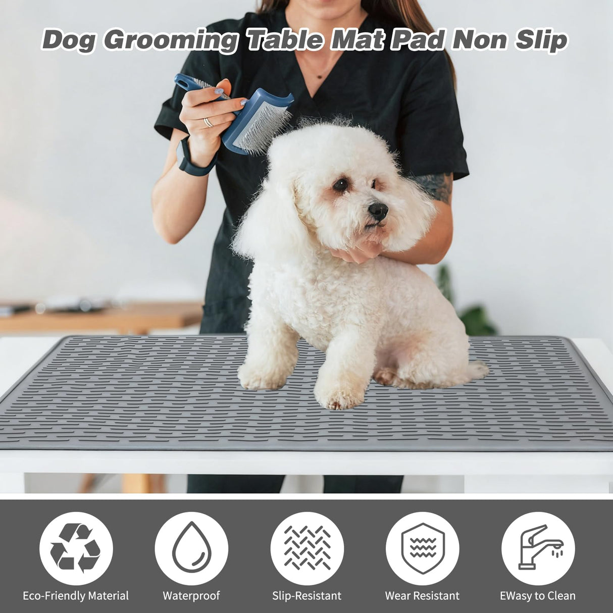 Dog Grooming Table Mat Pad Non Slip, Multipurpose Soft Pet Grooming Table Mats at Home, 28 x 19.7 Inch Silicone Durable Anti-Fatigue Groomer Mats Paw Protection Easy-Clean Cat Dog Bath Mat (Grey)