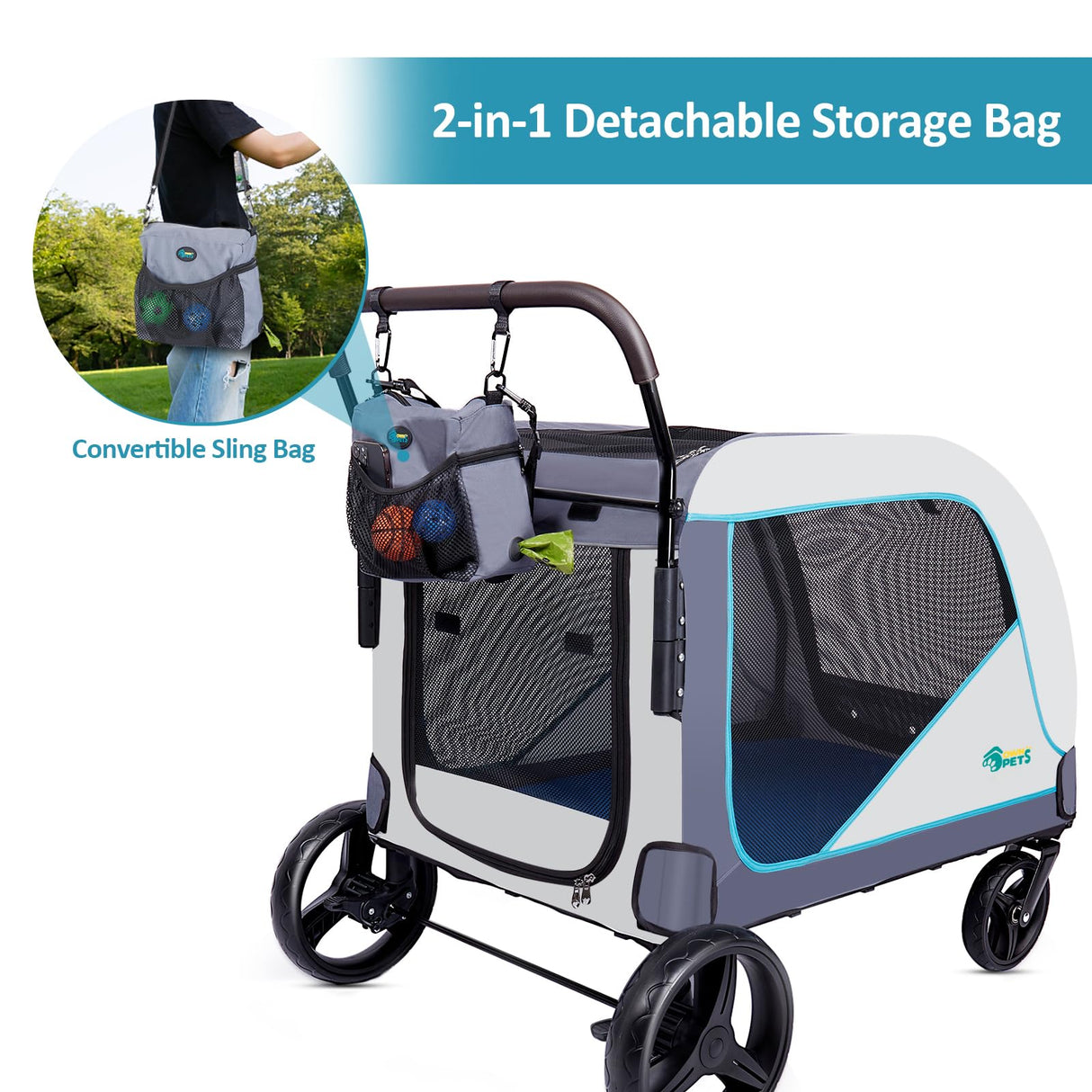 Ownpets Extra-Large Dog Stroller for Large Dogs Up to 154lbs, with Hanging Storage Bag, Foldable Dog Wagon with Adjustable Handle & Breathable Mesh, 4 Wheels Pet Stroller
