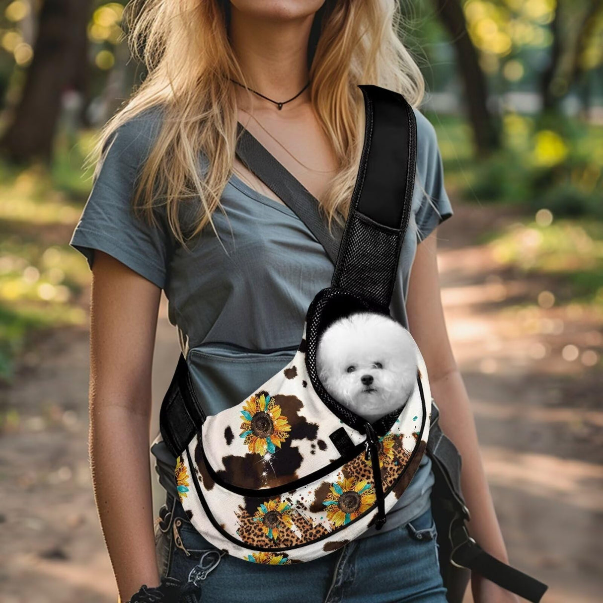 Snilety Sunflower Pet Sling Carrier for Small Dogs Cats Cow Print Cat Sling Carrier Breathable Puppy Carriers for Travel Walk Hands Free Cat Crossbody Shoulder Bag