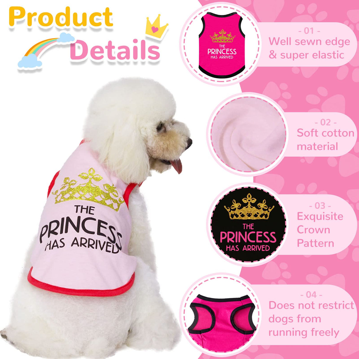 The Printed Prince 3 Pack Dog Shirts - Small Dog Outfits, Cotton Sleeveless Tshirts for Girl Chihuahua, French Bulldog, Dachshund - Pink, Red, Black, XS