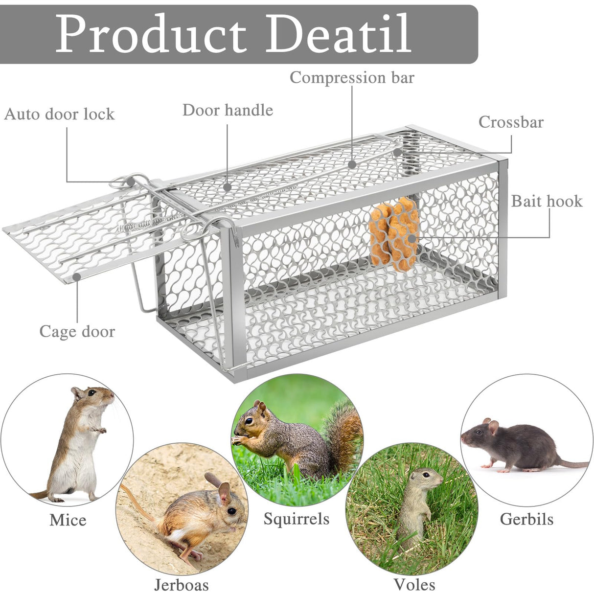 Humane Rat Trap Chipmunk Rodent Trap Mouse Trap Squirrel Trap Small Live Animal Trap Mouse Voles Hamsters Live Cage Rat Mouse Cage Trap for Mice Easy to Catch and Release (Silver,2 Pcs)