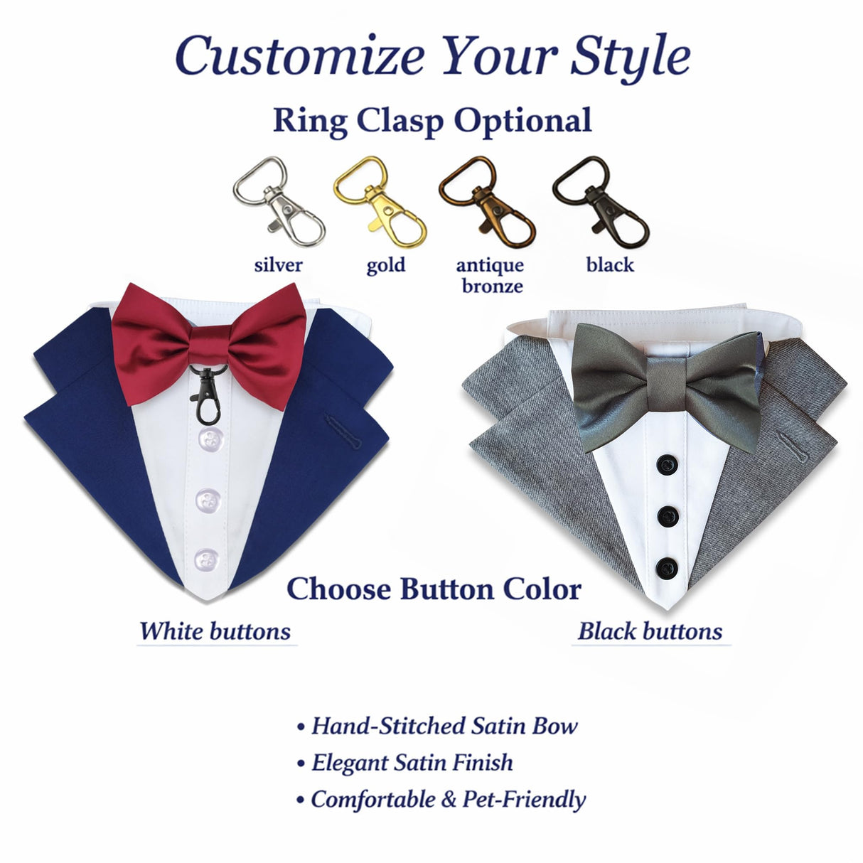 Custom-Fit Dog Tuxedo with Bow Tie & Lapel Uncut Cham Eyelet | Keyhole Fishtail Buttonhole Design | Optional Ring Bearer Clasp | Perfect Outfit for Wedding & Birthday by ACORD EU (Purple)