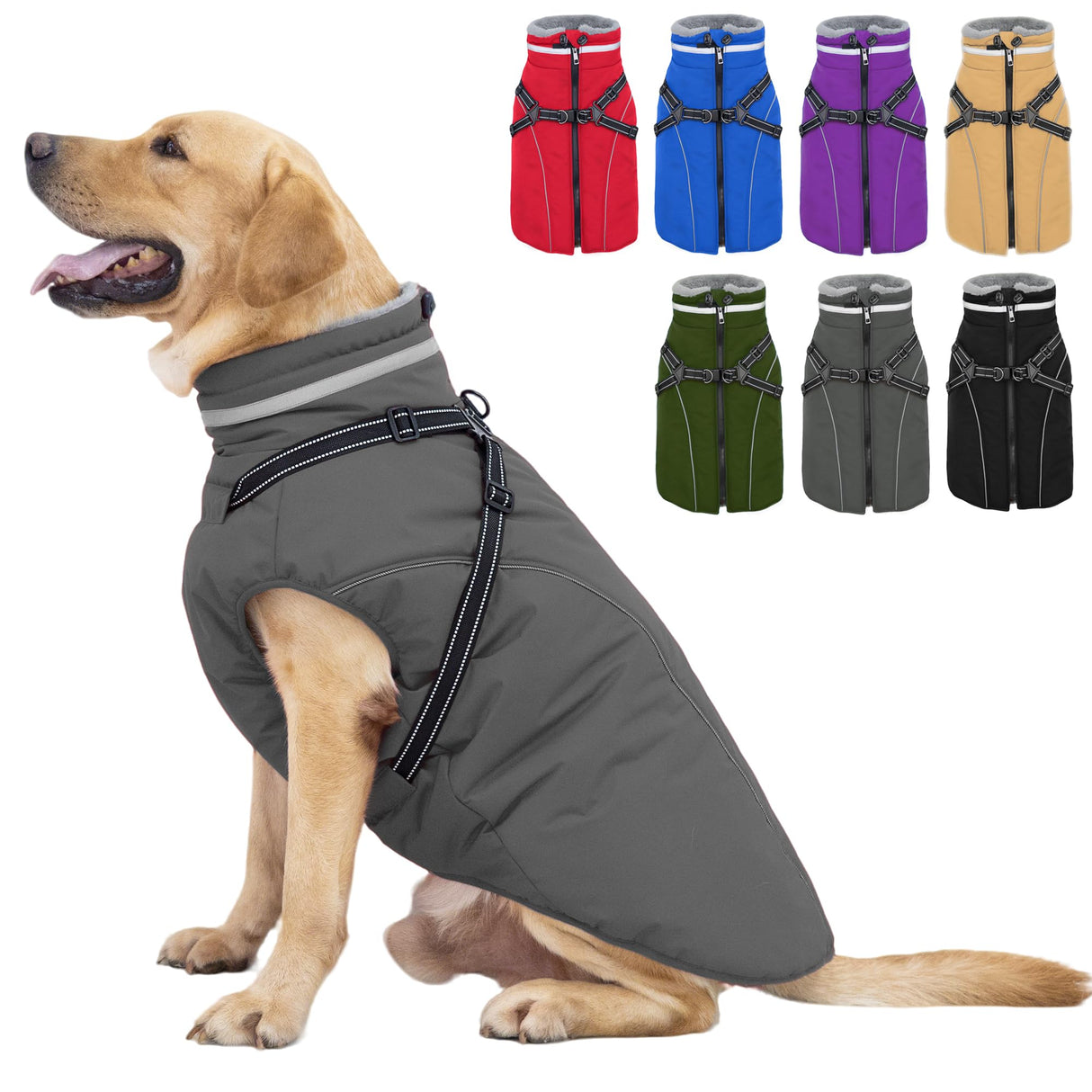 Fragralley Dog Coat with Harness Built in, Waterproof Windproof Reflective Warm Puffer Jacket, Fleece Lined Vest Winter Parka for Small, Medium, Large Dogs