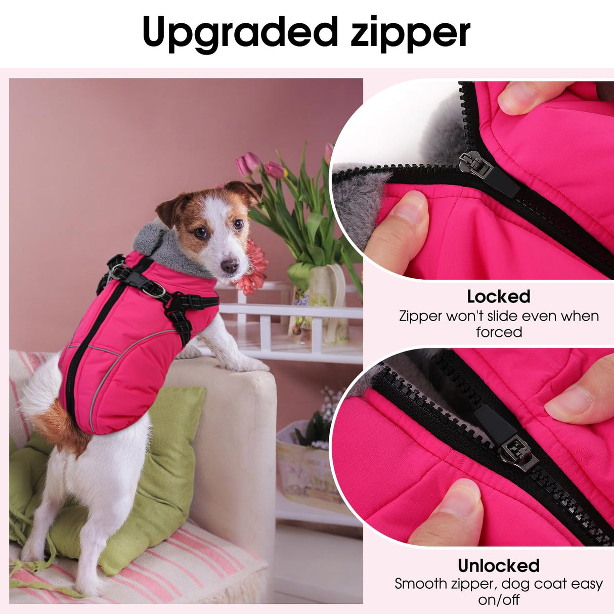 Preferhouse XXL Dog Winter Coat, Dog Puffer Jacket with Harness Built in, Pet Windproof Cold Weather Vest with Zipper Dogs Snowsuit, Rose 2XL