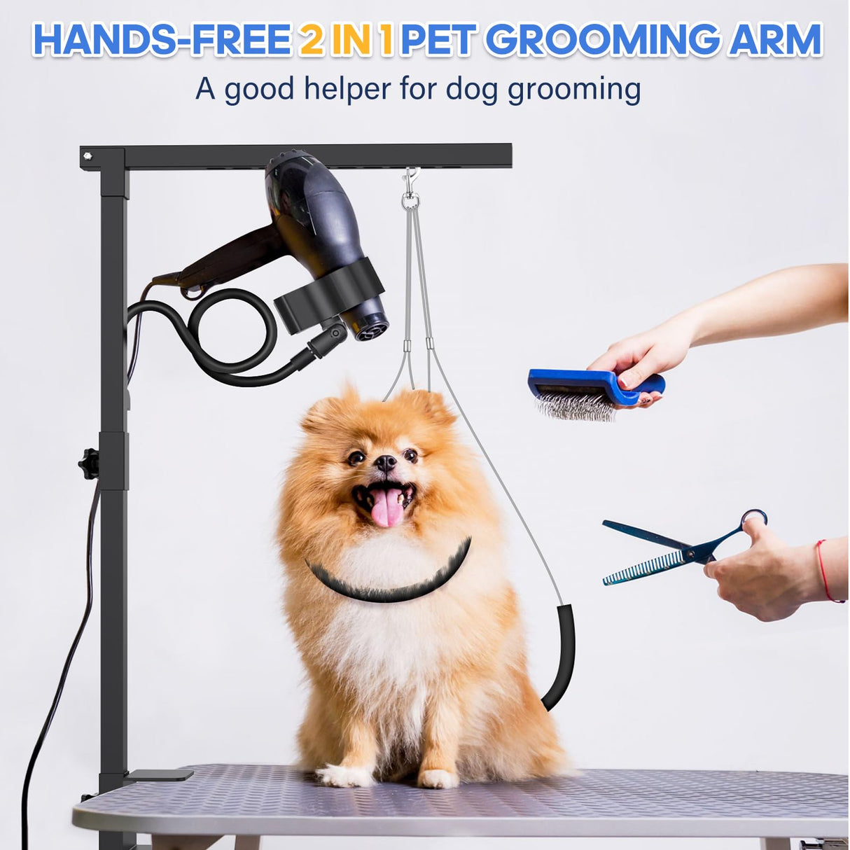 Dog Grooming Arm with Hair Dryer Stand, Adjustable 37'' Dog Grooming Table Arm with Clamp & Dogs Restraints for Grooming Small Medium Dogs Cats, Foldable Pet Grooming Stand at Home