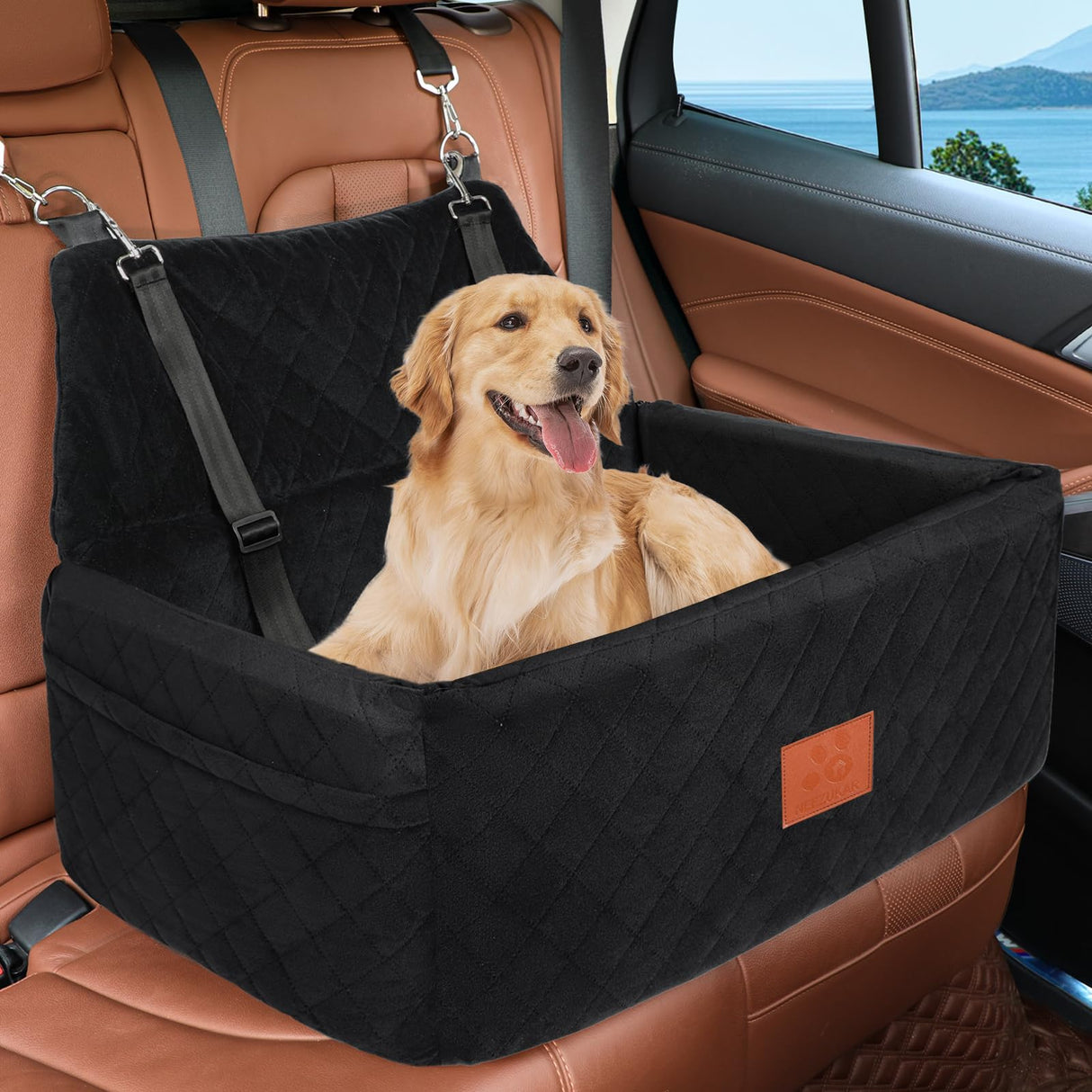 NEEZUKAR Dog Car Seat for Large Medium Dogs,Portable Washable Pet Car Seat Under 55 lbs,Dog Booster Seat with Thick Cushion,2 Safety Leashes Travel Car Dog Bed