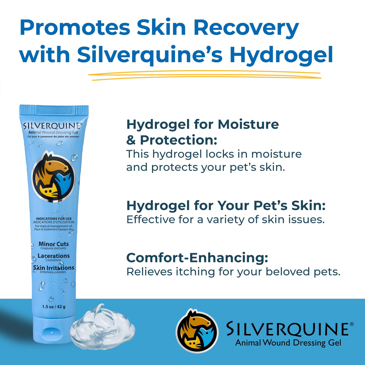 Silverquine Dog Wound Care Gel - Hot Spot Gel Solution for Dogs and Cats - Safe If Licked, Odorless Silver Hydrogel Ointment for Pets Cuts, Burns, Scratches, Sores and Skin Concerns - 1.5 Oz