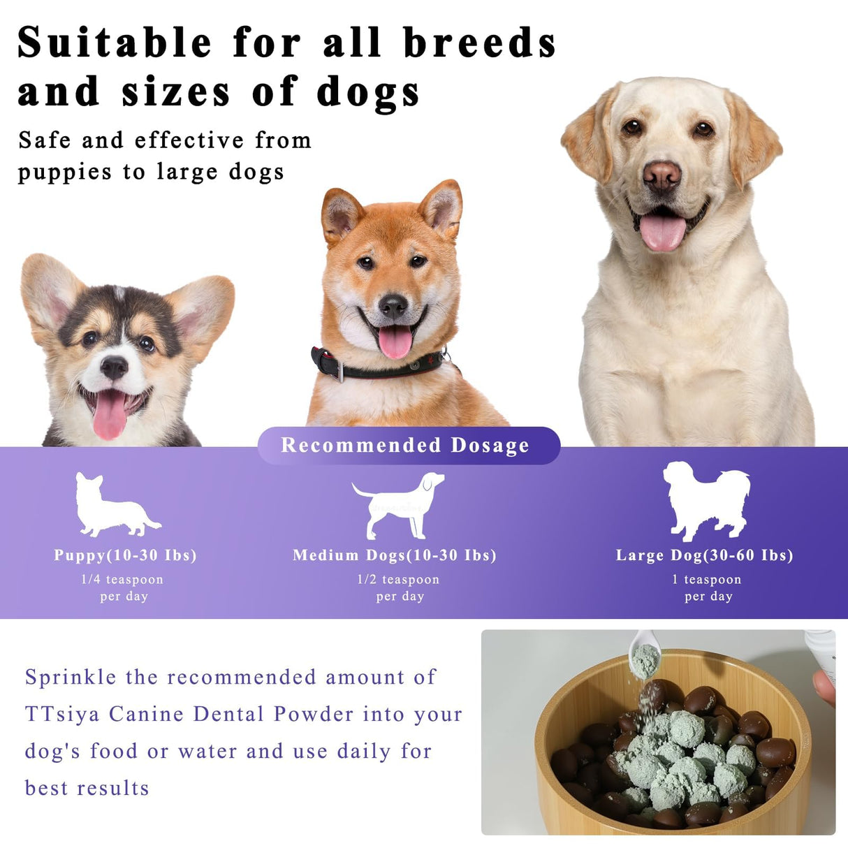 TTsiya Dog Teeth Cleaning Powder, Pet Dental Powder -Dental Care, Dogs Breath Freshener with Probiotics for Tartar & Reduces Plaque & Bad Breath Teeth Cleaning for Small, Medium, Large Dogs 100g