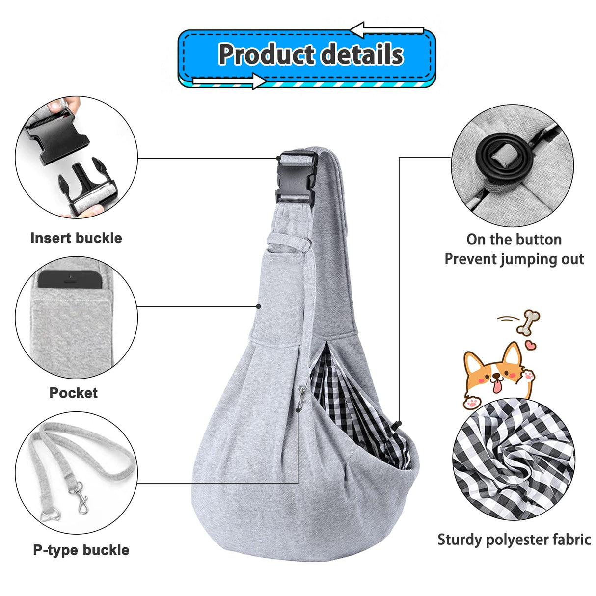 Kanemc Dog Sling Carrier for Small Dogs Cat Puppy Pets Up to 16.5lbs, Comfy Hard Bottom Support, Adjustable Padded Shoulder Strap, Hands-Free Dog Carrier Sling Bag for Outdoor Travel