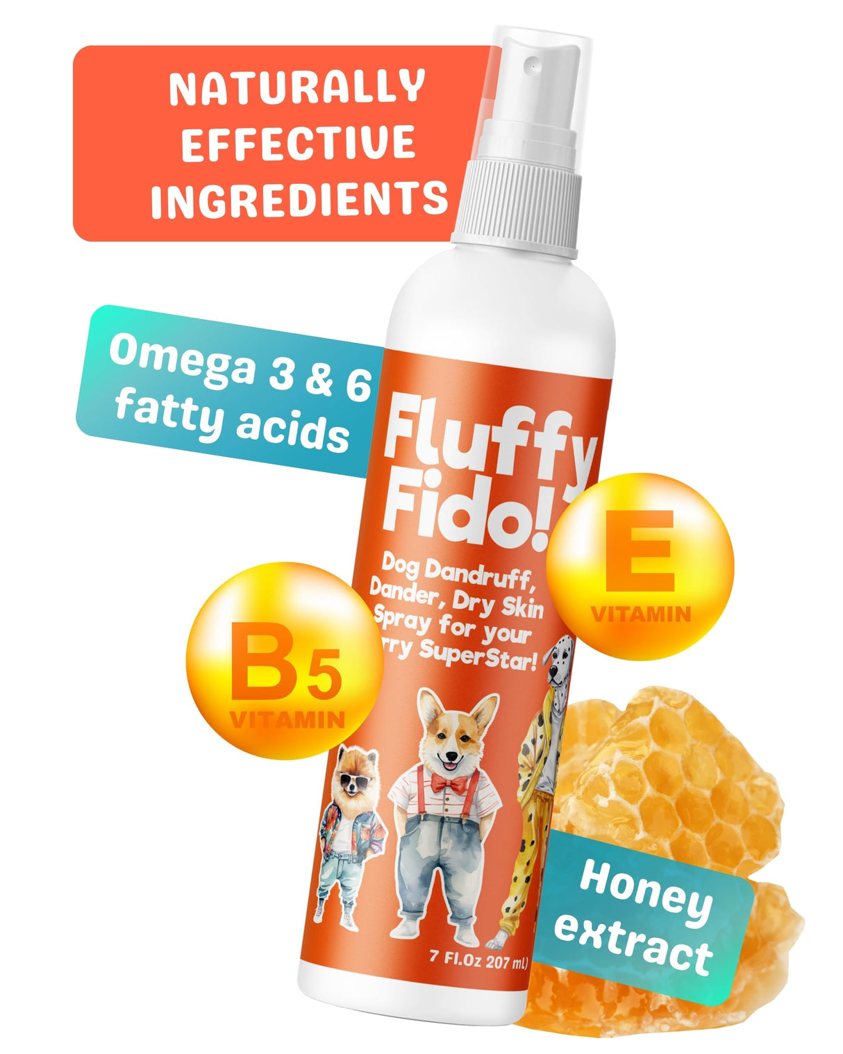 Dog Dandruff Treatment & Dry Skin Relief Dog Spray - Fluffy Fido Unscented No Rinse Pet Dander Spray with Vitamin B, Omega 3 & 6 & Honey Extract - 7 fl. oz.