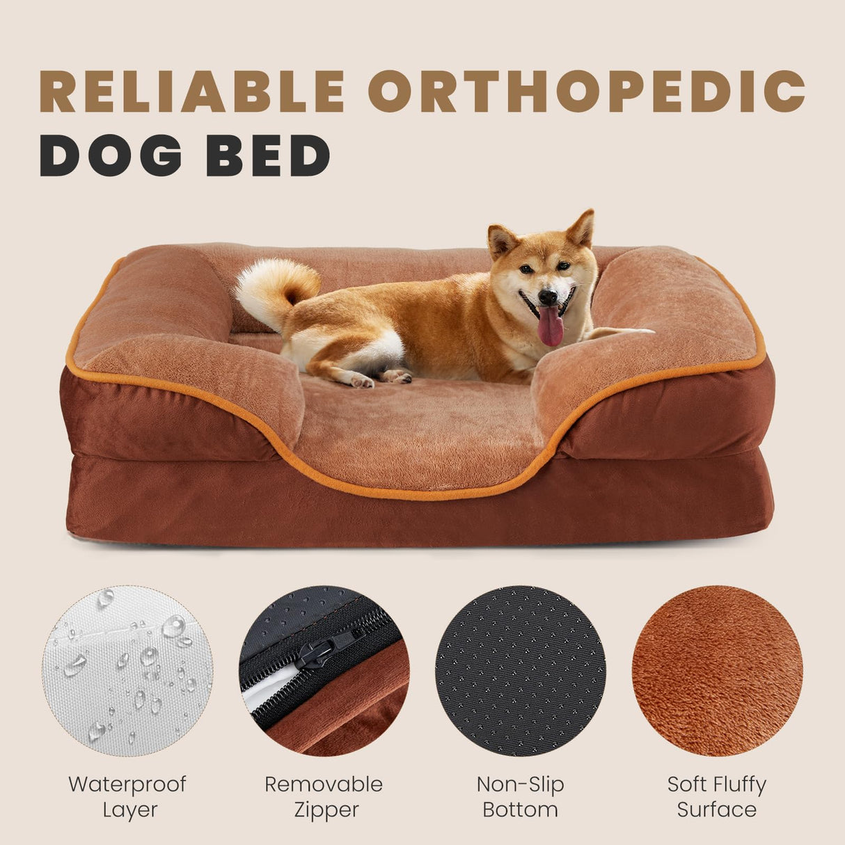 DUMOS Dog Beds, Orthopedic Medium Large Dog Bed, Machine Washable with Memory Foam, Waterproof Comfort Pet Beds with Sides, 42x32 Inch Medium Sized Brown