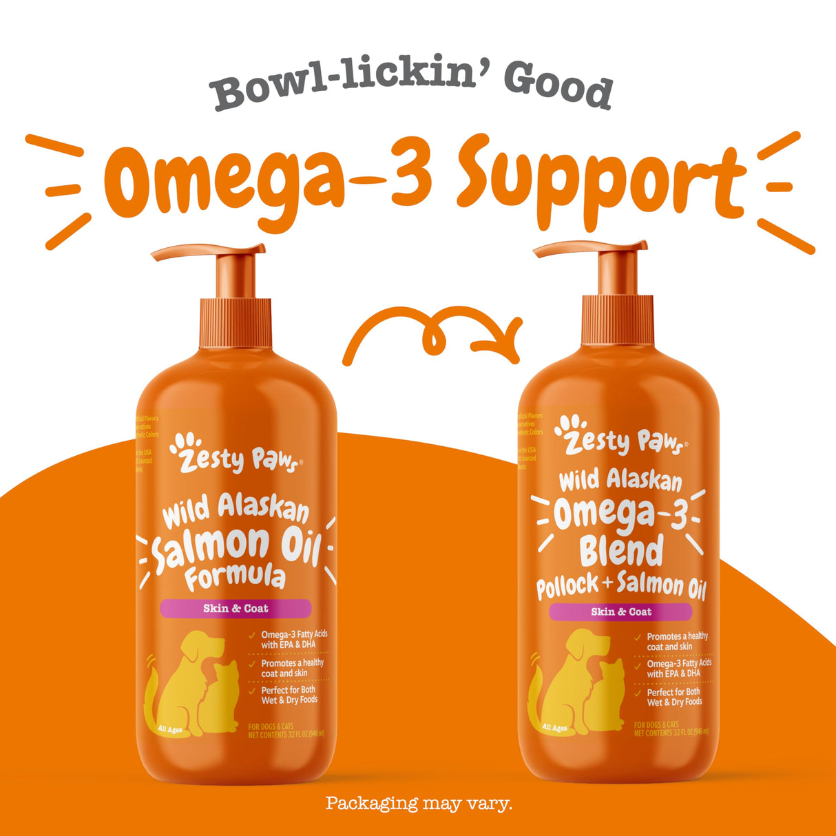 Zesty Paws Wild Alaskan Omega-3 Blend Pollock + Salmon Oil for Dogs and Cats- Skin and Coat Support, Omega 3 Supplement for Pets, 32oz