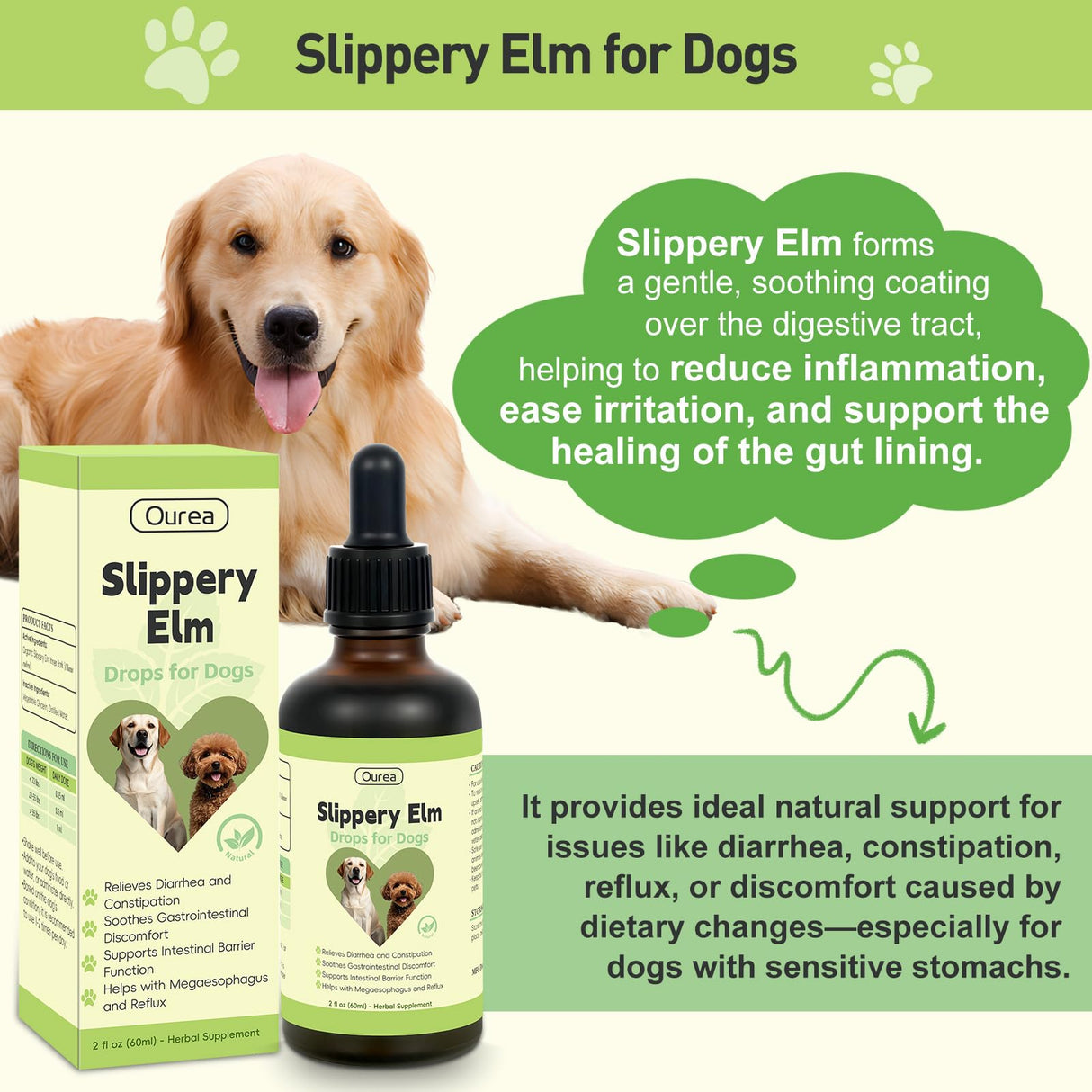 Slippery Elm for Dogs, Organic Herbal Digestive Support Drops for Dog Diarrhea Constipation Sensitive Stomach Acid Reflux, Promotes Healthy Digestion Bowel Function, Liquid Formula for All Breeds