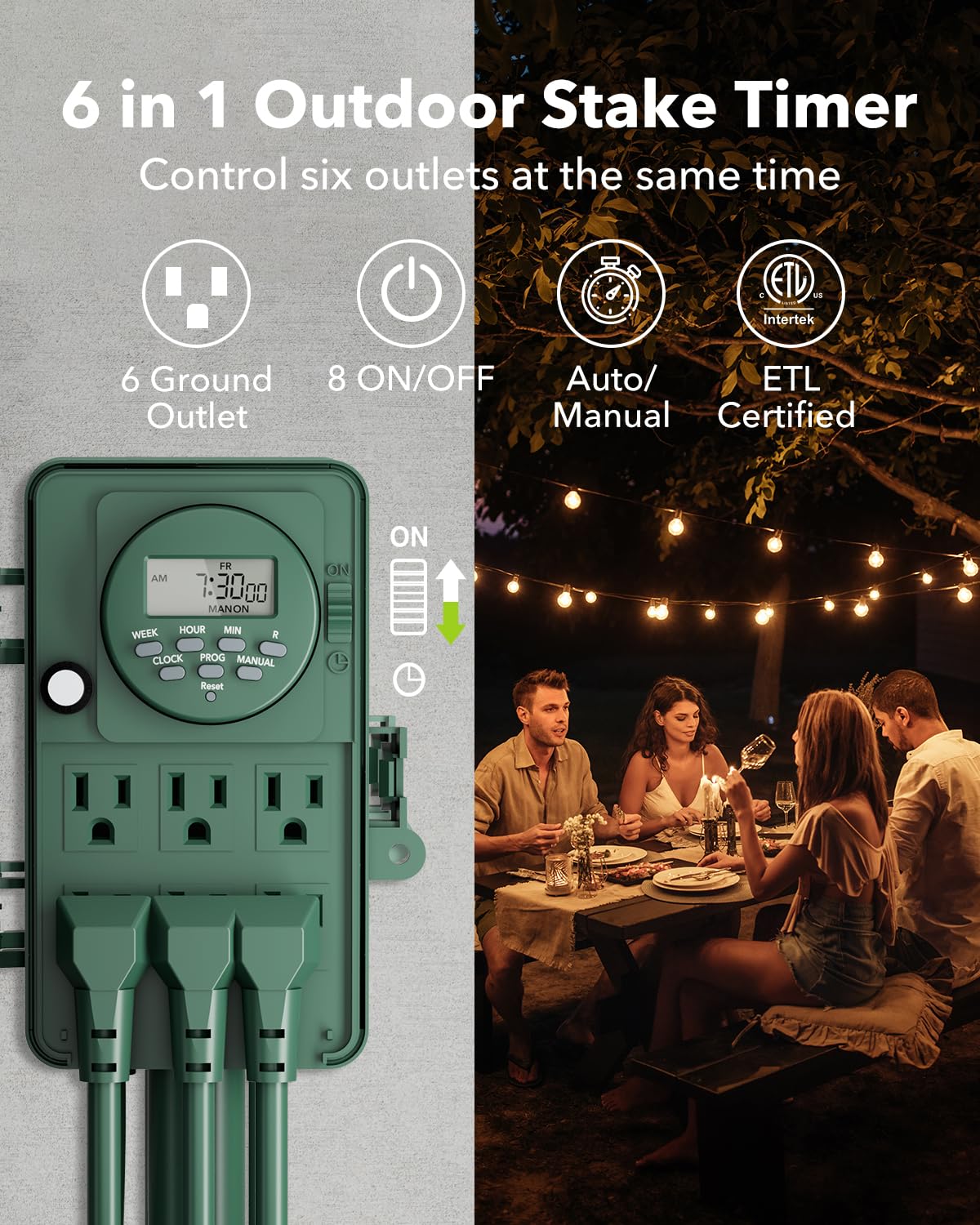 BN-LINK 7 Day Heavy Duty Outdoor Digital Stake Timer, 6 Outlets, Weatherproof, Perfect for Outdoor Lights, Sprinklers, Christmas Lights