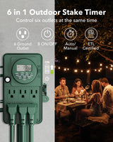 BN-LINK 7 Day Heavy Duty Outdoor Digital Stake Timer, 6 Outlets, Weatherproof, Perfect for Outdoor Lights, Sprinklers, Christmas Lights
