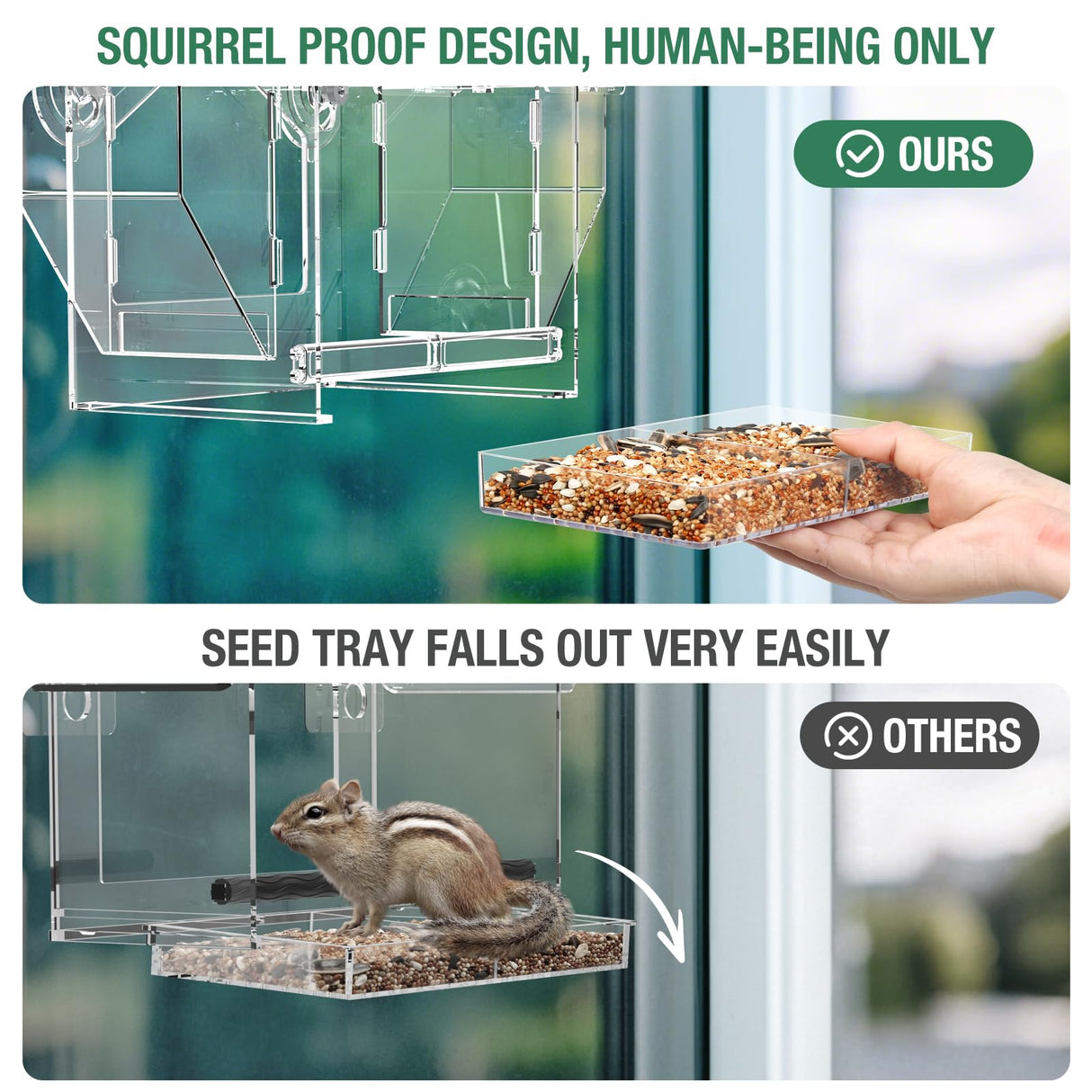 Window Bird Feeder, Clear Birdfeeder for Window Larger Viewing, Squirrel-Proof Bird Watching with Strong Suction Cup and Self-Adhesive, Large Food Storage Design