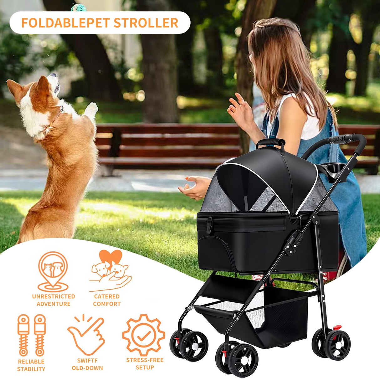 3-in-1 Pet Stroller for Small/Medium Dogs Cats,4 Wheels,Detachable Carrier Basket,Breathable Mesh,Storage Basket,Cup Holder,Weather Cover,Black,44 lbs Capacity
