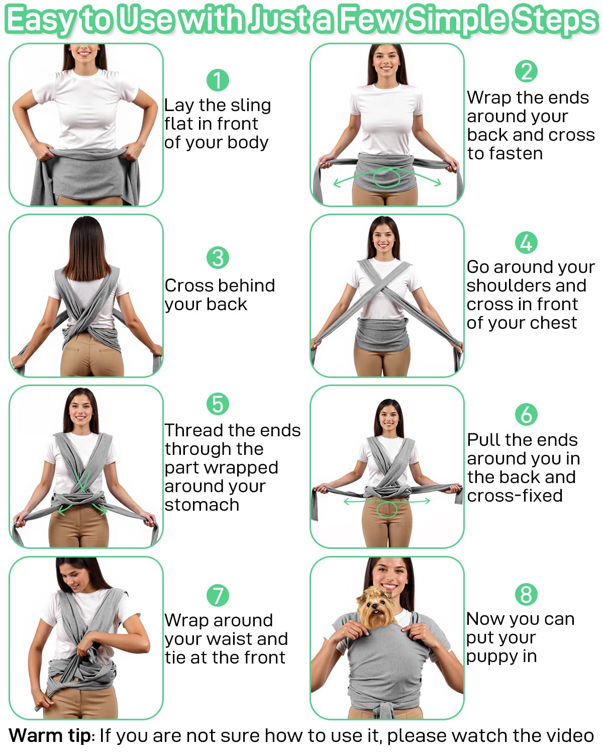 Snqqmtt Dog Sling Swaddle Carrier for Small Dog, Cat Front Carriers for Small Pet up to 20lbs, Puppy Pouch with Adjustable Straps, Hands Free Pet Sling, Anti Anxiety Puppy Sling (Light Grey)