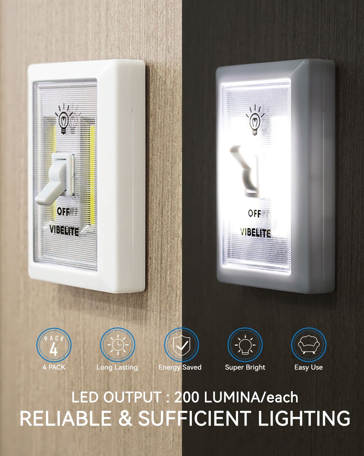 VIBELITE LED Night Light Switch, 12 Total Batteries Included, 200 Lumen Wireless COB LED Switch Light, Under Cabinet, Shelf, Closet, Garage, Kitchen, Stairwell and Emergency, Battery Operated, 4 Pack