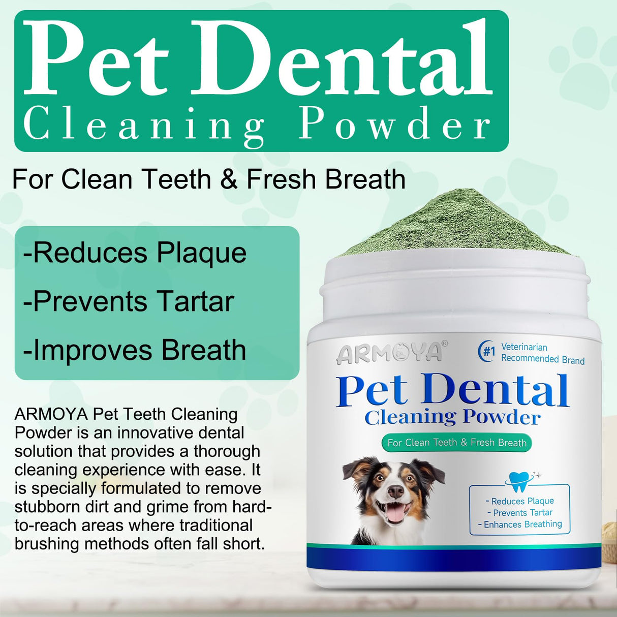 ARMOYA Dog Dental Powder - Teeth Cleaning Powder for Dogs - Dog Dental Care - Plaque & Bad Breath Off P-owder D-og - D-ental Care Supplies for Small - Medium - Large Do-gs