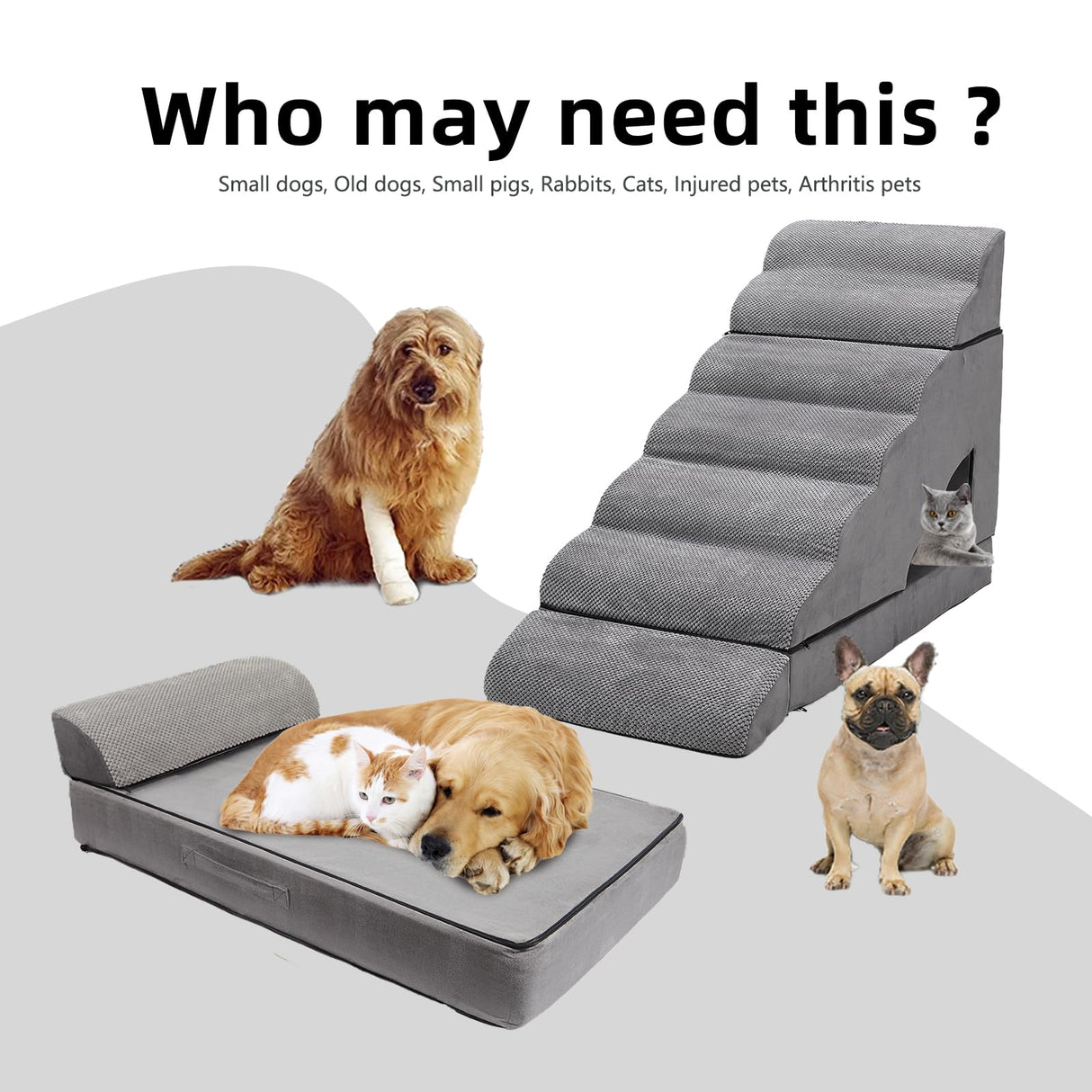LitaiL 7-Step Dog Stairs for High Beds 30-36" Tall Dog Ramp for Small and Older Pets, Non-Slip Pet Steps, Grey