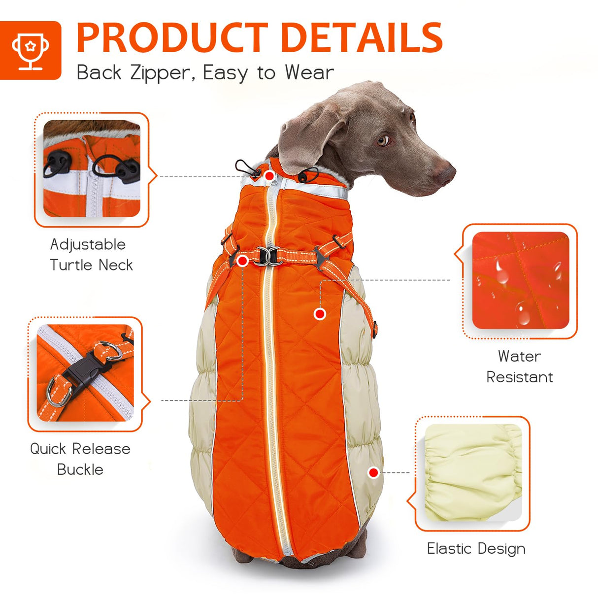 Abuandi Dog Winter Coat with Harness, Dog Jacket, Pet Clothes with Zipper on Back, Waterproof Windproof Warm Vest, Reflective Cold Weather Coats, for Small Medium Large Dogs, Thick, Orange, XS