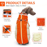 Abuandi Dog Winter Coat with Harness, Dog Jacket, Pet Clothes with Zipper on Back, Waterproof Windproof Warm Vest, Reflective Cold Weather Coats, for Small Medium Large Dogs, Thick, Orange, XS