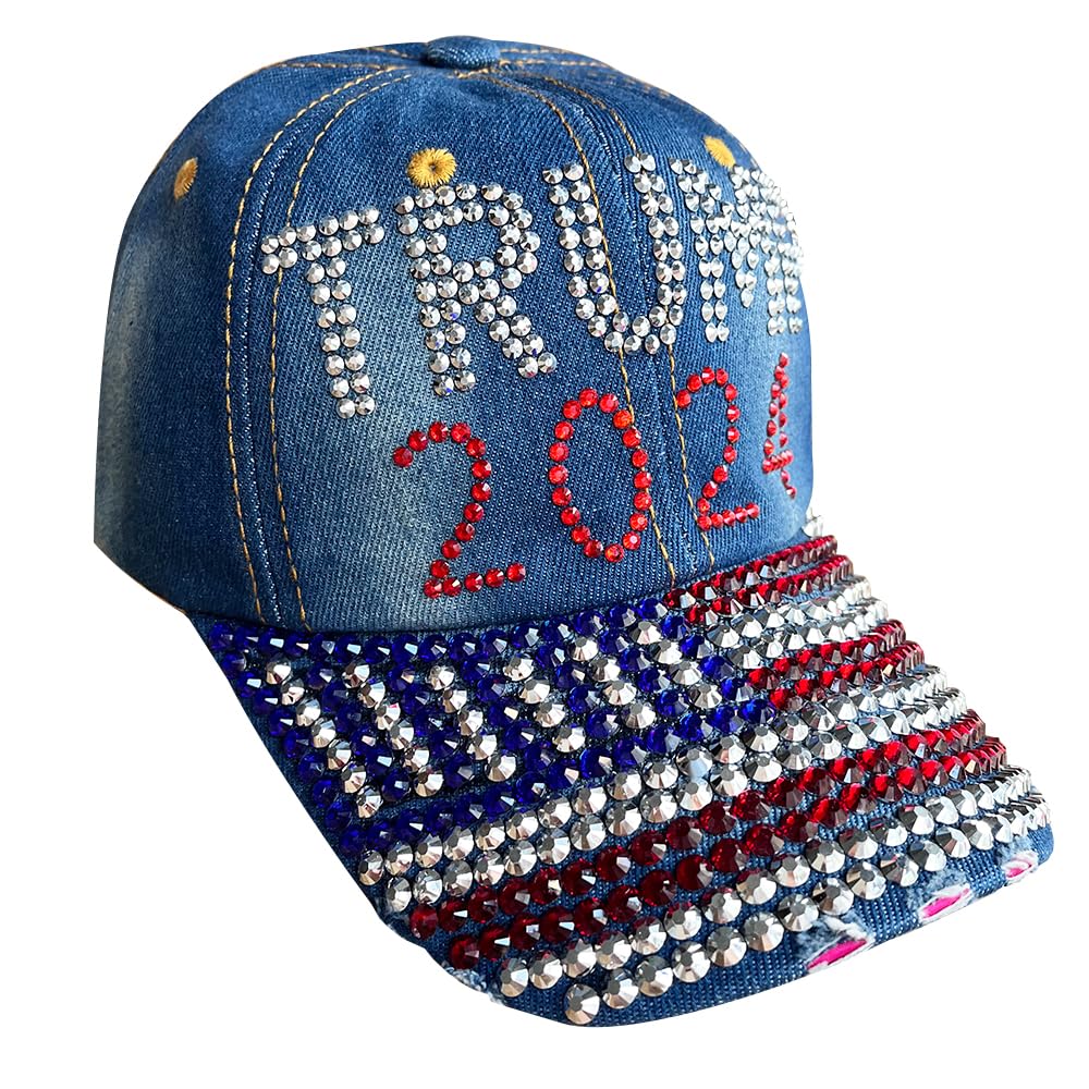 Gamusi Trump 2024 Baseball Cap Denim Distressed Bling Rhinestone Hat USA Flag Cap Adjustable Unisex (2024 Flag)