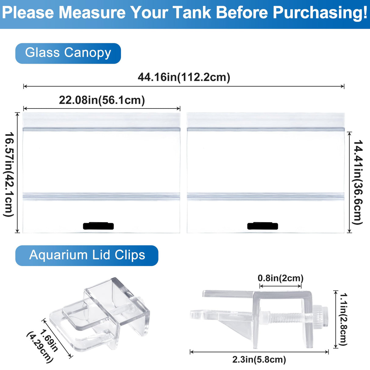 2PCS Set Glass Canopy, 22.08 x 16.57in (Each PCS) Clear Tempered Aquarium Fish Tank Hoods with Aquarium Lid Clips, ONLY FITS Aqueon 75/90/110 Gallon Aquarium Fish Tank