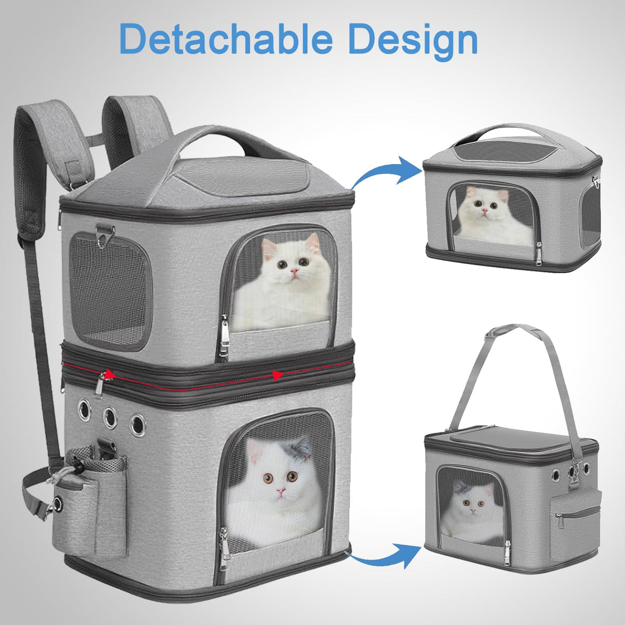 HOVONO Detachable Double Pet Carrier Backpack for Cats and Small Dogs, Cat Travel Carrier for 2 Cats, Perfect for Traveling/Hiking/Camping, Grey
