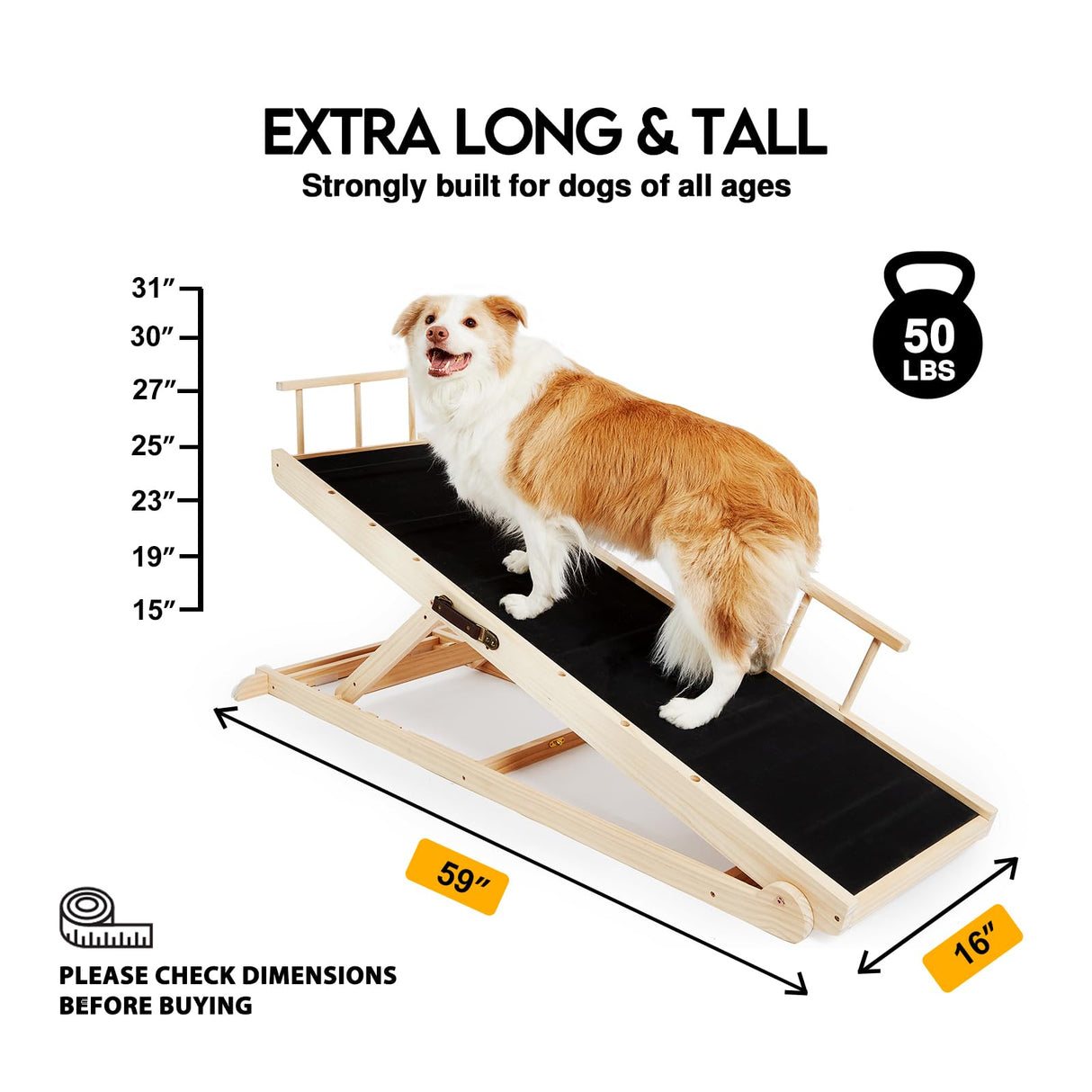 Dog ramp for Bed - Pet Ramp for Dogs to Get on Bed - Adjustable for Beds up to 30 Inches - for Small Dogs Under 50lbs, Foldable, Non-Slip Rubber Surface, Safety Railings