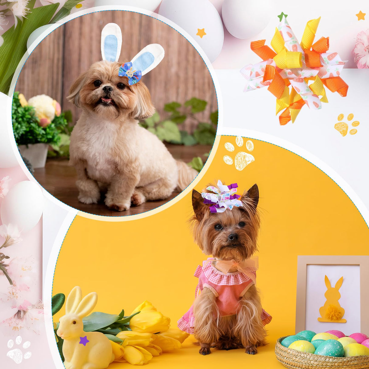 Wavwavw 52 Pieces Bulk Easter Dog Hair Bows with Rubber Bands Easter Dog Grooming Pastel Bows Egg Bunny Chicken Design Pet Accessories for Holiday Party Cute Pet Puppy Cat Hair Accessories