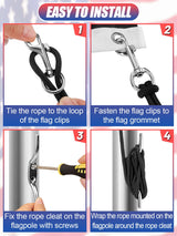 Flag Rope and Clips Kit - 100ft Flag Pole Rope Halyard with Cleat Hook & 4 Pcs Swivel Snap Clips for Flagpoles Up to 50ft, Outdoor Porch Flagpoles Repair Replacement Parts Accessories