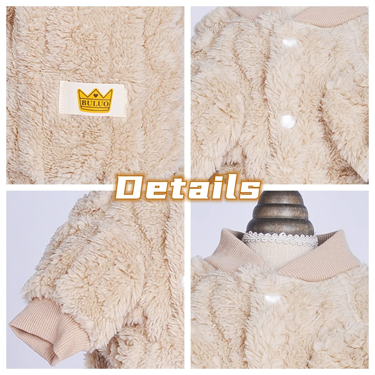Loyanyy Plush Dog Pajamas for Cold Weather 4 Legged Clothes for Dog Cat Stretchy Puppy Kitten Onesie with Buttons Warm Soft Pet Jumpsuit Winter Coat Beige Medium