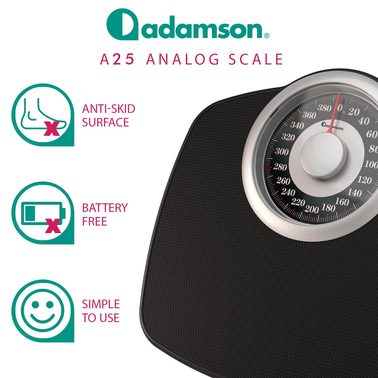 Adamson A25 Scales for Body Weight - Up to 400 LB - NEW 2024-5.3" Dial on 12.4" x 10.2" Platform - Anti-Skid Rubber Surface - Bathroom Scale Analog - Durable with 20-Year Warranty