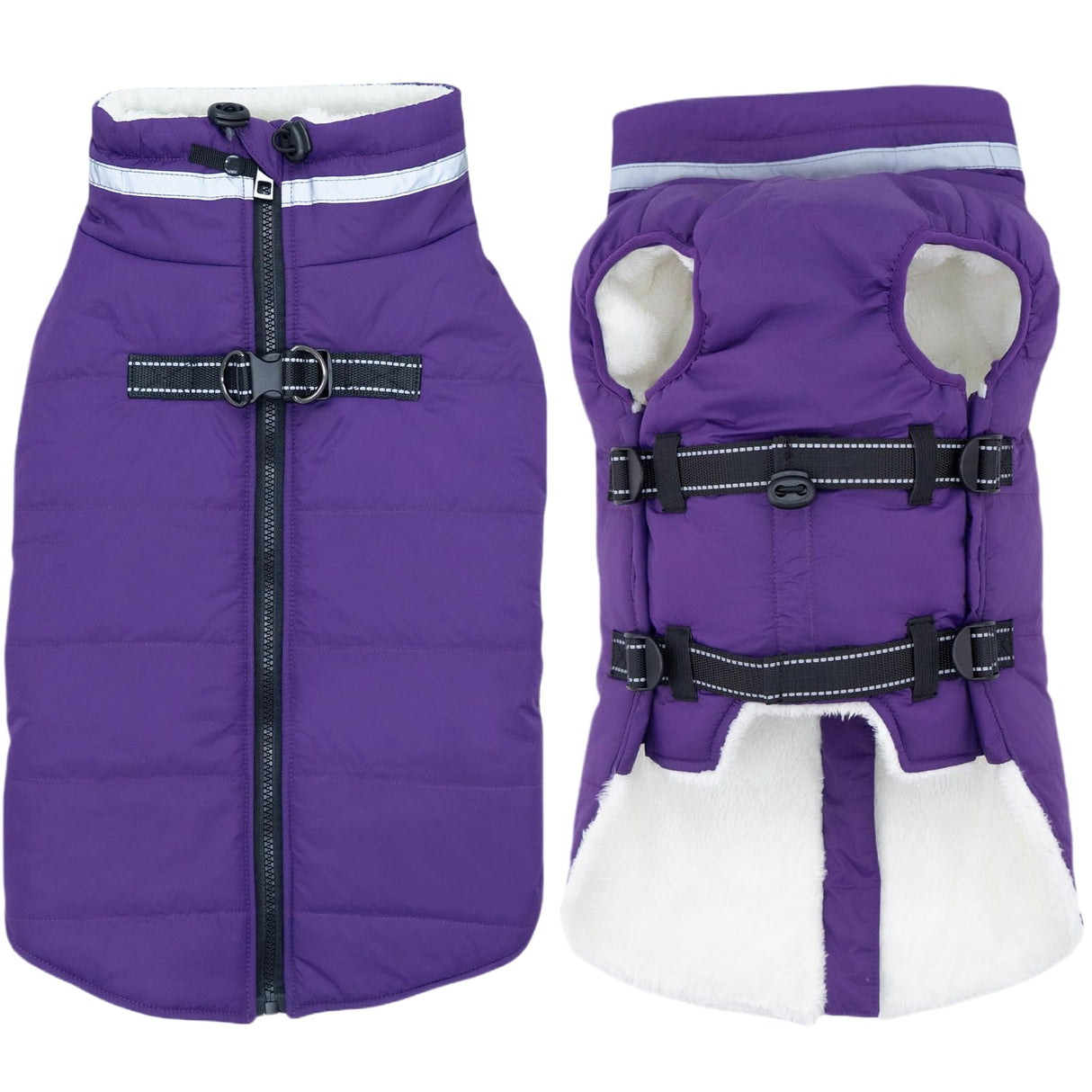 Mklhgty Small Dog Coat with Harness Built-in, Waterproof Reflective Fleece Lined - Warm Windproof Winter Jacket with Back Zipper, Cold Weather Snow Dog Coats - Purple - S
