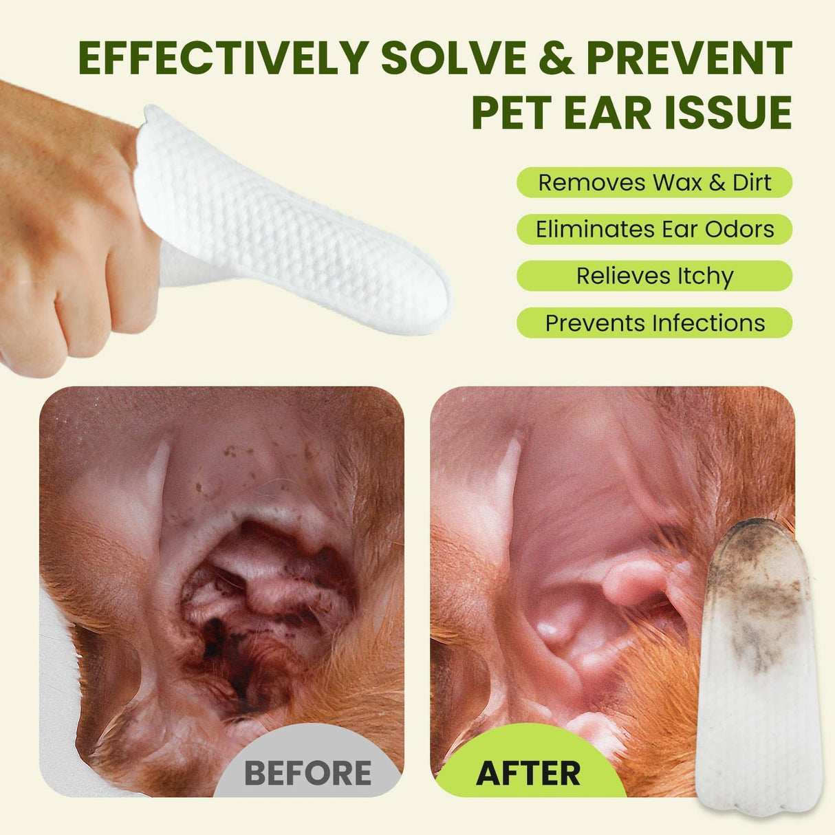 Ear Finger Wipes for Dogs & Cats, Thicker Dog Ear Cleaner Wipes, Natural Relief Cat Ear Cleaner Dog, Pet Health Supplies for Dog Small Animal Cat, Aloe Scent Deodorizing - 50 Count