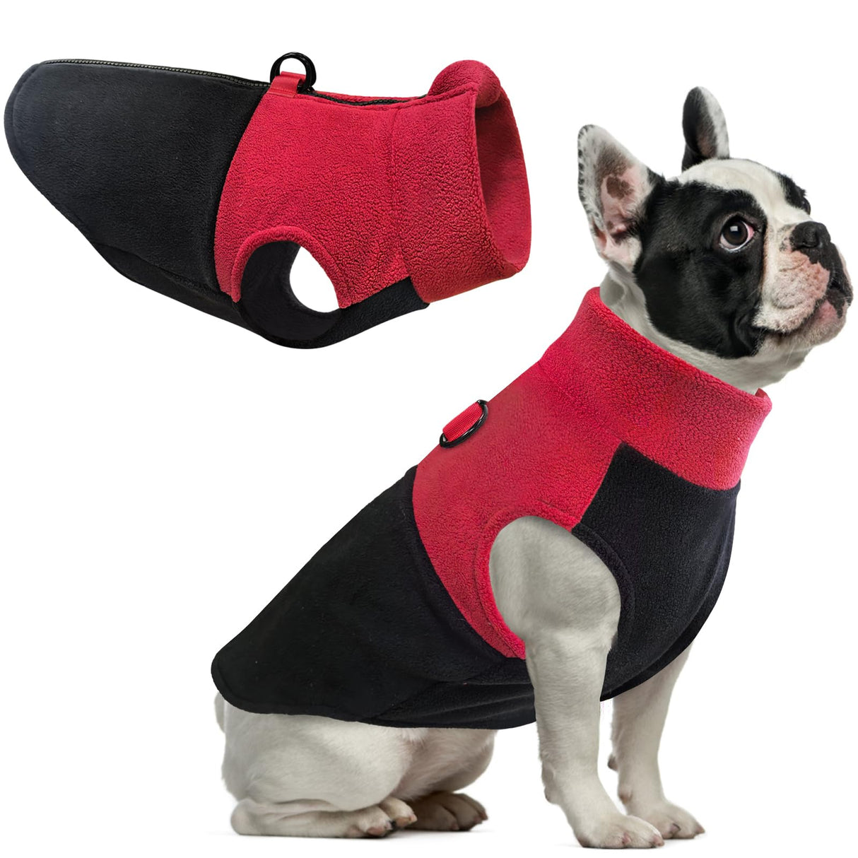 Idepet Dog Fleece Vest Sweater Zip Up Warm Pullover Dogs Jacket with D-Ring Leash Winter Cold Weater Coat Pet Sweatershirt Clothes Hoodie for Small Medium Dogs Boy Girl (Red/Black, M)