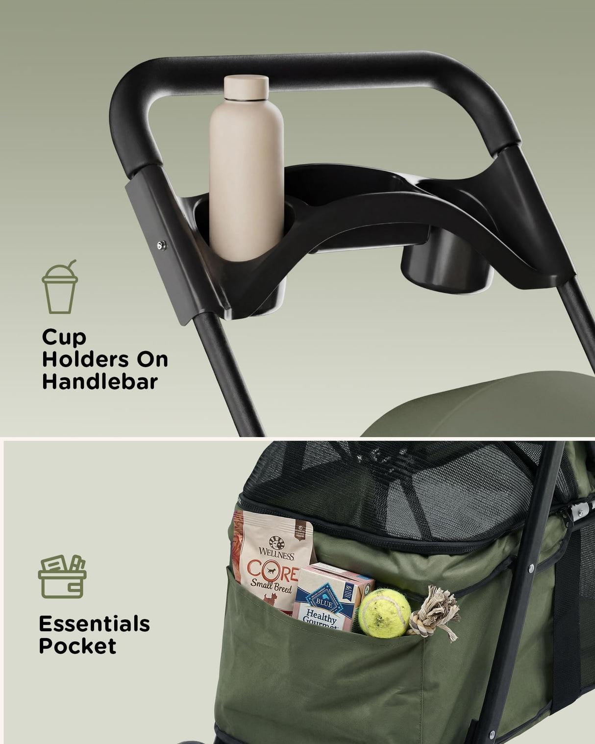GTPLAYER Foldable Pet Stroller for Small Dogs and Cats, Holds Up to 33 lb, 4-Wheel Stroller with 2 Safety Tethers, Breathable Mesh, Lockable Front Wheels, Cup Holder/Tray & Storage Pocket, Green