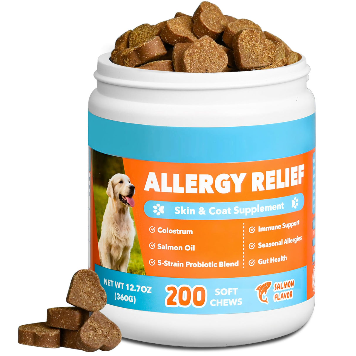 Dog Allergy and Immune Chews 200PCs Skin and Coat Itchy Relief Anti Itch Immune Bites for Dogs, Helps Repair Skin Ears Paw Licking, 5 Probiotics Blend Gut Health for Sensitive Seasonal Allergies