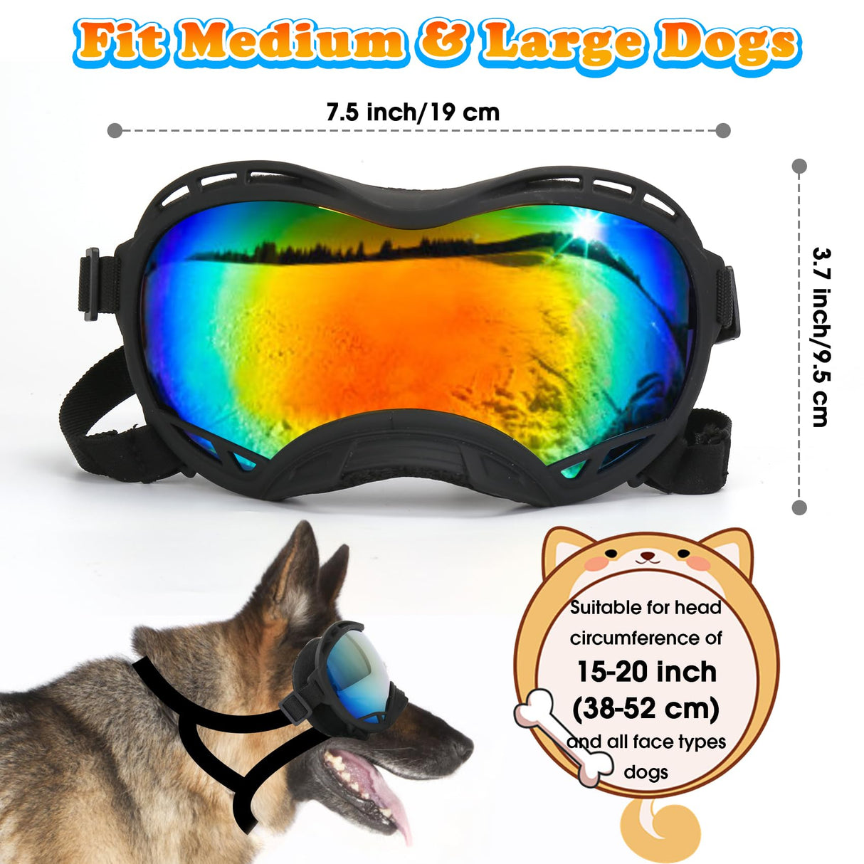 Dog Goggles for Large Dogs, UV Protection Dog Sunglasses, Adjustable Strap, Windproof、Dustproof、Anti-Fog Eye Protection Sunglasses for Large and Medium Dogs (Black Frame)